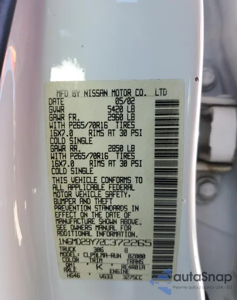 2002 Nissan Frontier Crew Cab Sc from USA, damaged, VIN 1N6MD29Y72C372265